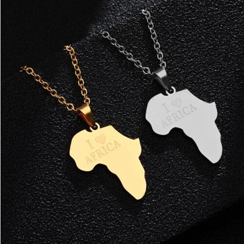 Gold Color I LOVE AFRICA Map Pendant Chain Necklaces for Women Girls Stainless Steel African Maps Jewelry Gifts