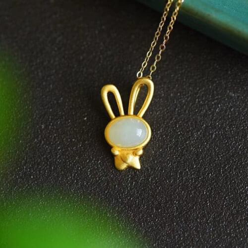 Designer unique creative ancient gold craftsmanship inlaid rabbit natural Hetian jade necklace pendant cute lady jewelry