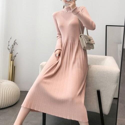 Elegant Long Pleated Dress Women Autumn Winter Warm Turtleneck Sweater Dress Female Slim Bodycon Long Sleeve Knit Dress Vestidos