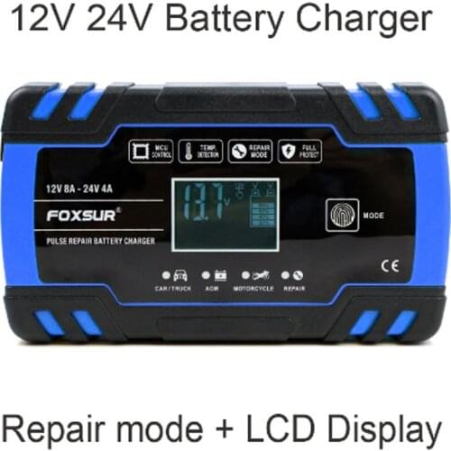FOXSUR 12V 8A 24V 4A Pulse repair Car Motorcycle Battery Charger Smart Fast Charging AGM GEL WET EFB Lead Acid Battery Charger