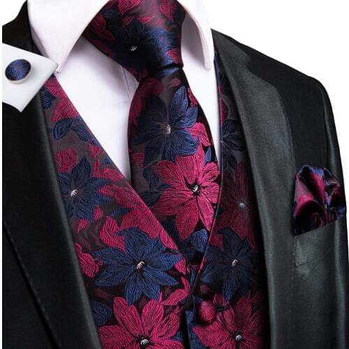 Hi-Tie Fashion Mens Vest Suit Blue Red Silk Paisley Woven High Quality Solid Waistcoat Vest for Men Pocket Hanky Cufflinks Set