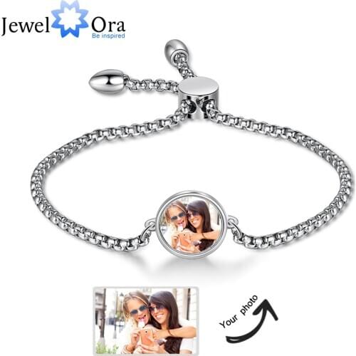 JewelOra Personalized Photo Bracelet Fashion Stainless Steel Charm Jewelry for Ladies Adjustable Bangle Anniversary Gift for Her