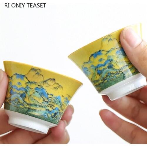 Chinese Handmade Ceramic Teacup Landscape Painting Pattern Tea Bowl Portable Travel Meditation Cup Porcelain Tea Set Master Cups