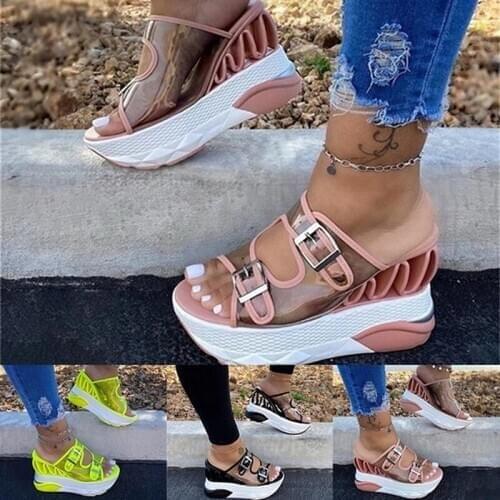 Summer Women Slippers Plus Size Transparent Slides Beach Wear Buckle Hollow Platform Female Wedges Shoes High Heel