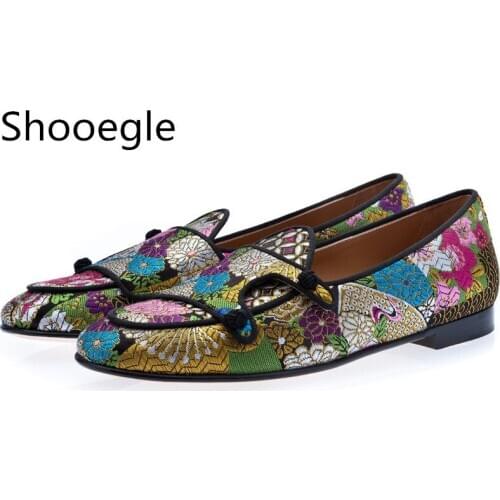 Men Mixed Color Hand-Embroidered Canvas Casual Shoes Mules with Floral Embellishments Men Flat Slipper