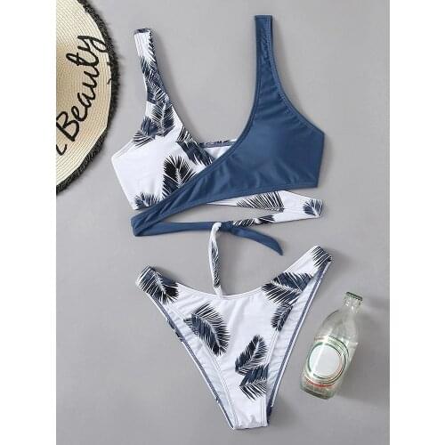 2021 New Women Leaf Print Wrap Bikini Set Push Up Swimsuit Beachwear Swimwear Splicing Girl Bathing Suit Female Biquini Tankini