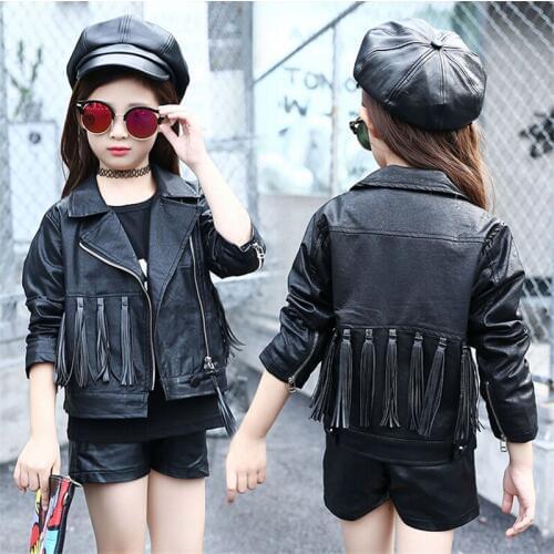 Autumn Girls Fashion Leather Jacket Childrens Clothes Teenage Girl Black Tassel Zip Cardigan Jacket Childrens Jacket