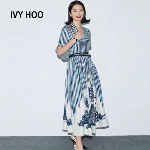 IVY HE V Neck Casual Stripe Dress Short Sleeve Office Lady Midi Dress Fashion Bandage Sundress Summer Women`s Dresses Traf ZAfu