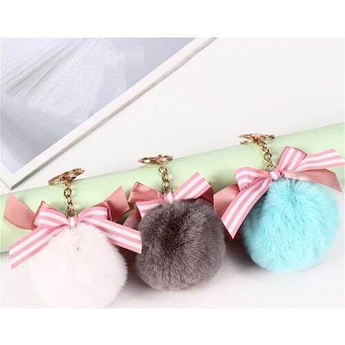Fluffy Fur Pom Pom Keychain with Bow Soft Faux Rabbit Fur Ball Car Keyring Pompom Key Holder Chains Women Bag Car Accessories