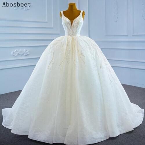 2021 Wedding Dress Ball Gown Elegant Fancy Beading Small Train Puffy Bridal Gown Wedding Elegant V Neck Lace Up Back New Arrival
