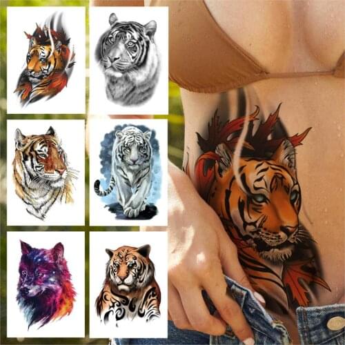 Realistic Fake Tiger Temporary Tattoos For Women Men Adult Kids Watercolor Wolf Tattoo Sticker Waterproof Covers Up Tatoos Wasit