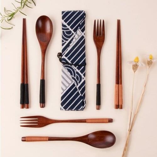 Japan Style Wooden Tableware Set Spoon Fork Chopsticks with Storage Case Travel Cutlery Set Camping Outdoor Portable Flatware