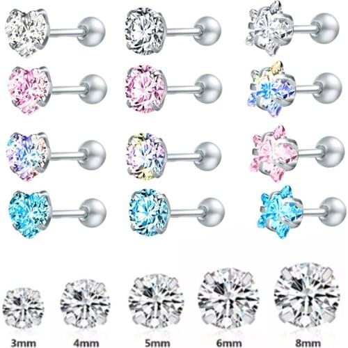 ZS 4Pair/set Heart Round Crystal Stud Earrings for Woman Stainless Steel Ear Studs Tragus Conch Helix Piercing Carilage Jewelry