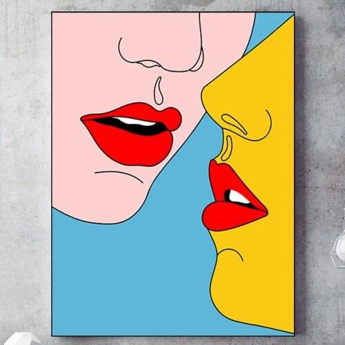 Modern Fashion Canvas Painting Kissing Red Lips Wall Art Print Canvas Poster and Printing Living Room Home Wall Decor Paintin