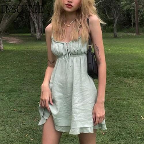 Inscutee Vintage Cottagecore Y2k Sexy Dress Women Solid Color Green Strapless Hollow Out High Waist Mini Aline Party Dress Femme