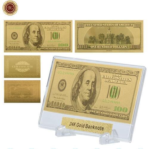 WR American Normal Paper Money Quality 999.9 Gold Plated Fake Money Souvenir Gifts Collectible Golden Metal Crafts with Stand