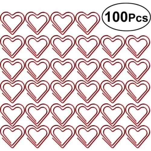 100pcs Paperclip Love Heart Paper Clips Marking Bookmark Pin Stationery Office Accessories Love Paper Clip Note Holder (Red)