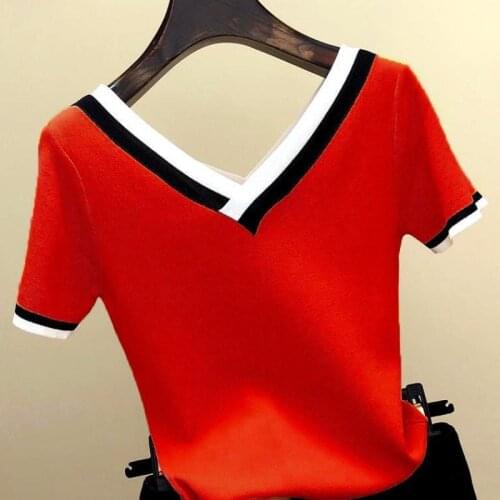 V-neck Knit T-shirt Woman New Korean Thin Knitwear for Summer 2021 V-neck Solid Color Top Slim Body Short Sleeves
