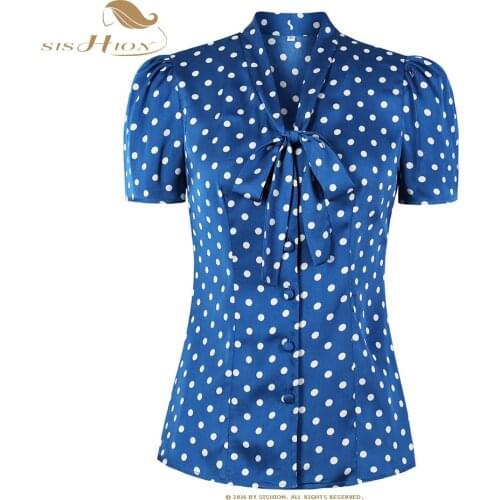 SISHION 2021 Women Vintage Tops VD2070 Short Sleeve Polka Dots Blue Blouses Femme Shirts Women