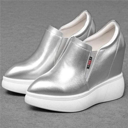 12cm High Heel Punk Creepers Women Slip On Genuine Leather Wedges Ankle Boots Female Pointed Toe Fashion Sneakers Casual Shoes