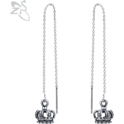 ZS Gothic Punk Earrings Crown Shape Stainless Steel Dangle Earrings Vintage Long Tassel Chain Earring For Women Men Pendientes