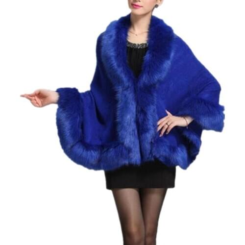 Womens Fox Fur Collar Wool Cashmere Poncho Capes Faux Fur Wrap Cape Stole Shawl Shrug for Wedding