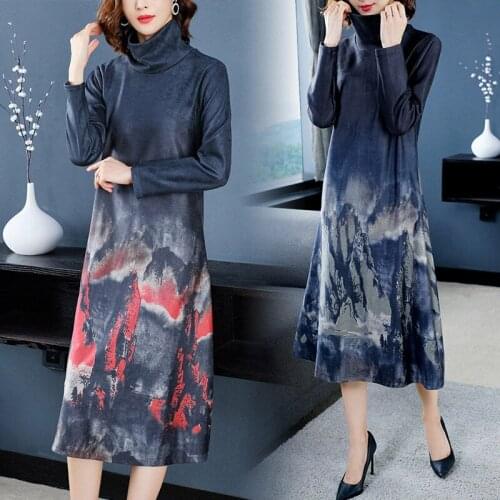 Luxury Winter Suede Dress Large Size Womens 2019 Autumn New Printed Turtleneck Pile Collar Elegant Vestidos Plus Size 4XLf1917