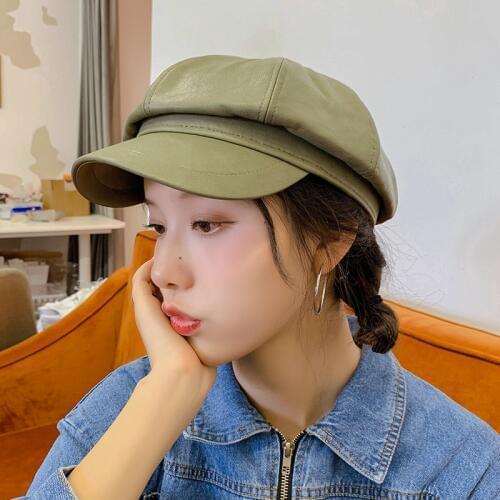 Avocado green Winter Octagonal Cap Women Beret Hats For Girls Newsboy Hats Female British style PU Leather Berets Hat for Street