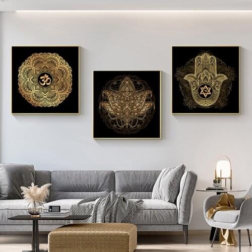 Gold and Black Mandala Lotus Art Canvas Painting on The Wall Posters Prints Religion Wall Art Pictures for Living Room Decor