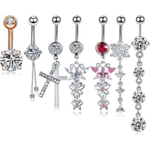 1PC New Fashion Surgical Steel Navel Piercings Flower Pendant Belly Button Rings CZ Gem Ombligo Belly Piercings Body Jewelry 14G