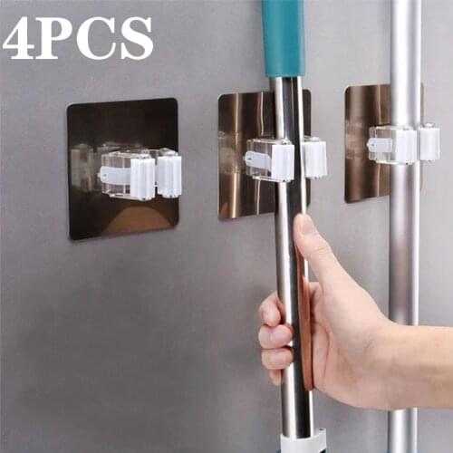 2/4pcs Adhesive Multi-Purpose Hooks Mop Holder Wall Mounted Organizer Rack Brush Broom Hanger Hook Kitchen Bathroom Hooks