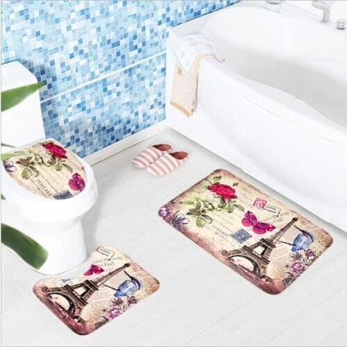 3PCS Toilet Floor Mat Set with Rose & Tower Printing Non-Slip Flannel Bathroom Carpet Toilet Cover and floor Rugs set