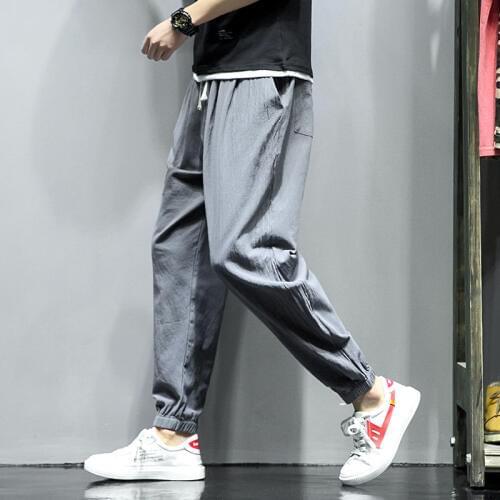 #8030 Summer Pencil Harem Cotton Linen Pants Men Solid Color Elastic Waist Trousers Thin Loose Japanese Streetwear Plus Size 5XL