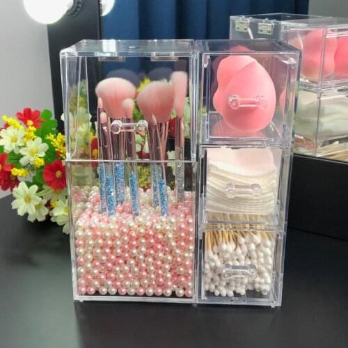 Acrylic Makeup Brushes Holder with Drawers for Cotton Pads/Swab/Blender Makeup Brush Kit Organizer Cosmetics Storage Box