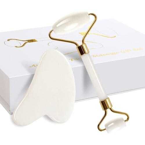 White Jade Roller And Gua Sha SetBeauty Massage Tool For Face Neck Body Muscle Relaxing Stimulating Blood Flow Relieve Fine Line