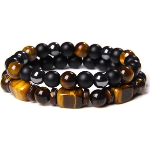 Irregular Shape Natura Tiger Eye Stone Bracelets Men 2 Layers Bracelet Set Jewelry Women Black Hematite Beads Bangle For Friends