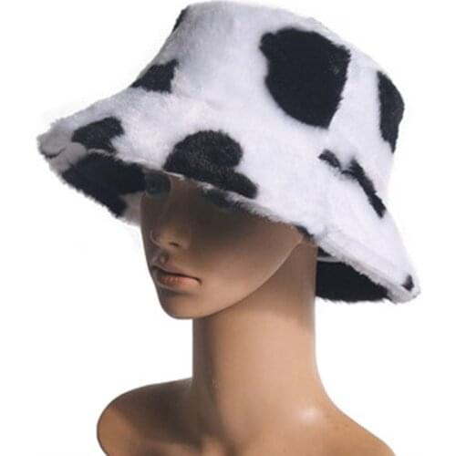 Black And White Milk Cow Pattern Fisherman Hat, Autumn And Winter Plush Warm Shopping Trip With Basin Cap