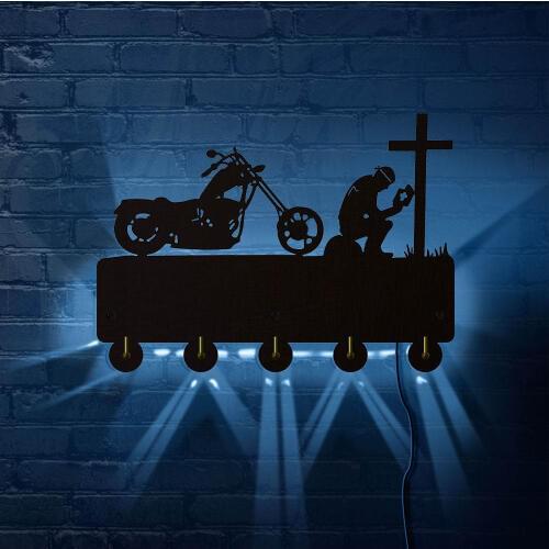 Christian Biker Praying At Cross Motorcycle LED Lighted Wooden Wall Hook Keys Hanger Motorbike Riders Motorcyclist Towel Holder