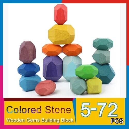 Children Wooden Colored Stone Building Blocks Educational Montessori Toy Nordic Style Balancing Stacking Game Wood Rainbow Toys