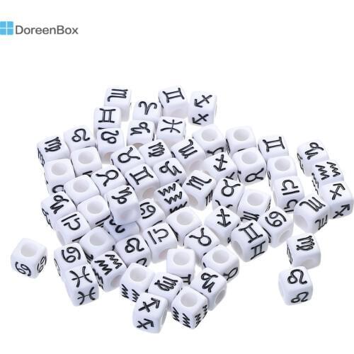 Doreen Box Acrylic Spacer Beads Square White At Random Constellation Pattern Black Enamel About 7mm, Hole: Approx 4mm,100 PCs