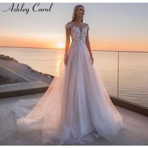 Ashley Carol A-Line Wedding Dress 2021 Charming Sweetheart Beaded Flowers Bride Sparkling Tulle Backless Beach Boho Bridal Gown