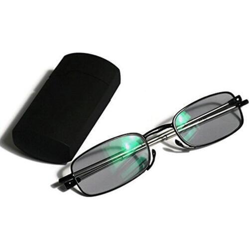 KJDCHD/Vintage Square Photochromatic Reading Glasses Mens/Womens Foldable Easy to Carry Black Metal Frame with Case