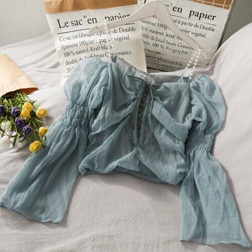 Drawstring bow tie lace trumpet sleeve blouse shirt female all-match off shoulder mesh camisole tops blouse