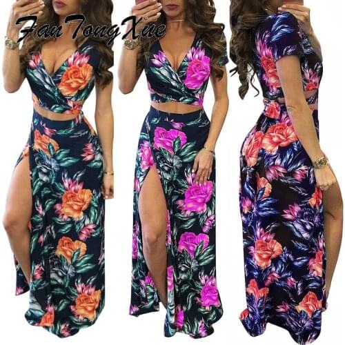 Summer 2 Piece Set for Women Floral Print Tops & Slit Skirts Beach Style Sexy Dress Sets Women Short Sleeve V Neck Maxi 2 Pcs