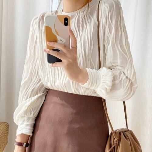 Fashion Womens Round Neck Pleated Solid Color Shirt Women 2021 Spring and Autumn New Loose Hedging Fashion Temperament Top