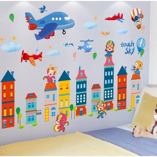 [SHIJUEHEZI] Cartoon Airplanes Balloons Wall Sticker DIY Monkeys Castles Wall Decals for House Kids Bedroom Baby Room Decoration