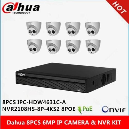 Dahua 6MP Cameras Kit: 8channel NVR2108HS-8P-4KS2 8CH with 8 POE ports 4k NVR & 8pcs 6MP IPC-HDW4631C-A 6MP Built-in MIC