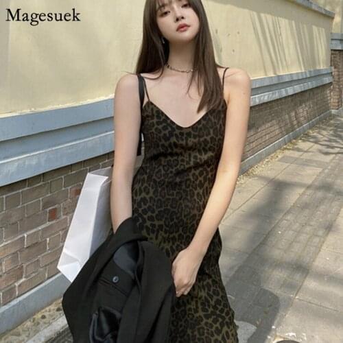 Sexy V-Neck Sling Leopard Dress Women Summer 2021 High Waist Sleeveless Dresses For Women Party Bodycon Elegant Lady Dress 15238