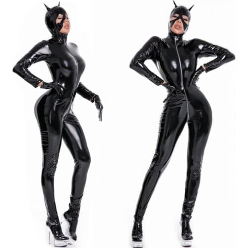 Hot Sexy Wetlook Faux Leather Open Crotch Catsuit With Zipper Latex pvc Bodysuit Night Club Erotic Jumpsuit Sexy Cat Costume 5XL