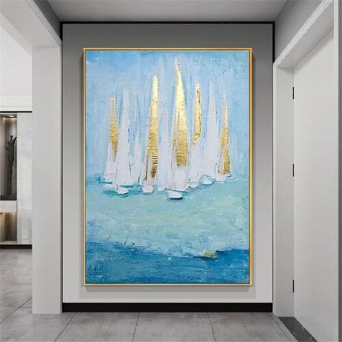 Hand Painted Oil Paintings on Canvas Fishing Ports and Boats Wall Picture for Living Room Bedroom Home Decor Wall Art No Frame